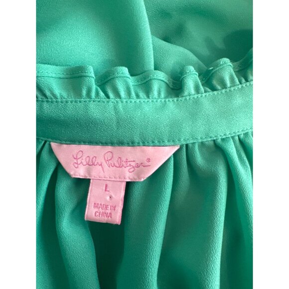 Lilly Pulitzer Womens Ruffled Neck Blouse Size Large Green long sleeve - Picture 3 of 4